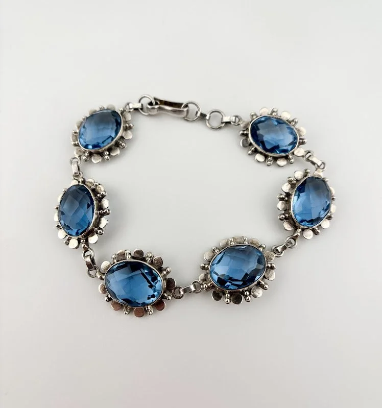 Mid Century Faceted Blue Glass Station Bracelet in Sterling Silver