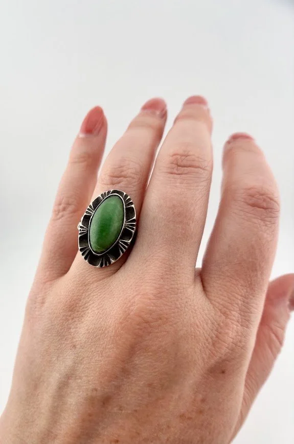 Mid Century Mexican Jade Ring in Sterling Silver