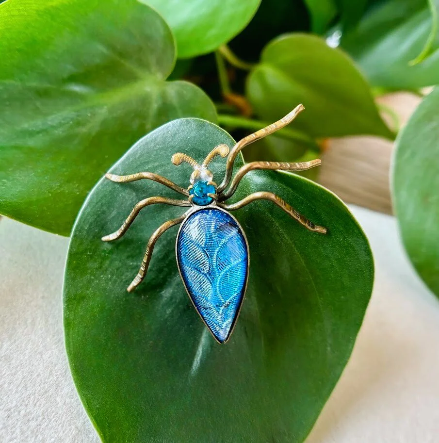 Edwardian Blue Guilloche Enamel Spider Brooch