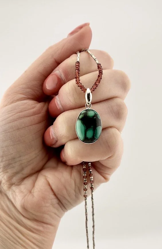 Vintage Turquoise and Garnet Pendant Necklace in Sterling Silver