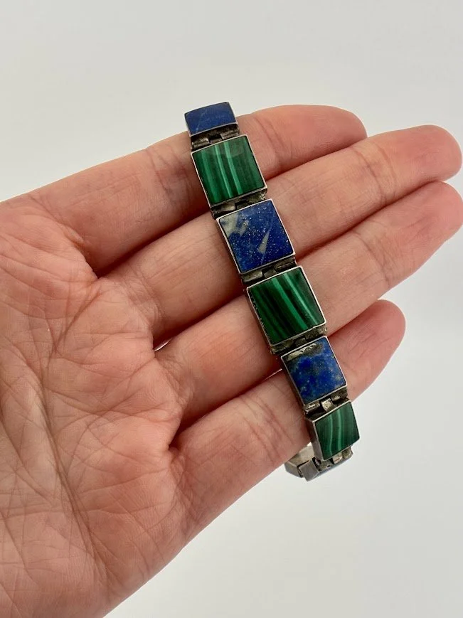 Vintage Graduated Malachite and Lapis Lazuli Panel Bracelet in Sterling Silver