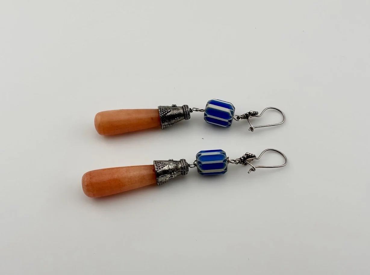 Vintage Angel Skin Coral and Blue Striped Glass Bead Drop Earrings in Sterling Silver