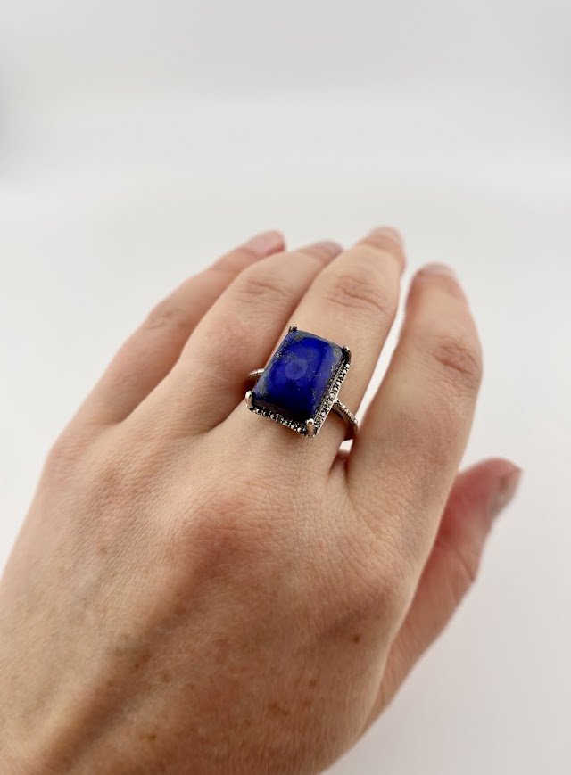 Vintage Lapis Lazuli, Diamond & Marcasite Ring in Sterling Silver