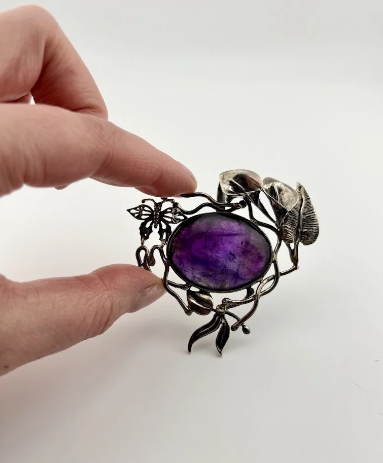 Vintage Art Nouveau Style Amethyst Cabochon Brooch Pendant in Sterling Silver