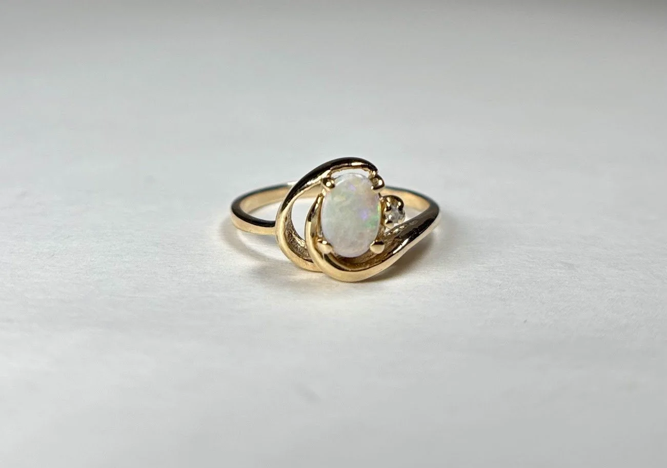 Vintage Opal and Diamond Pinky Ring in 14K Yellow Gold
