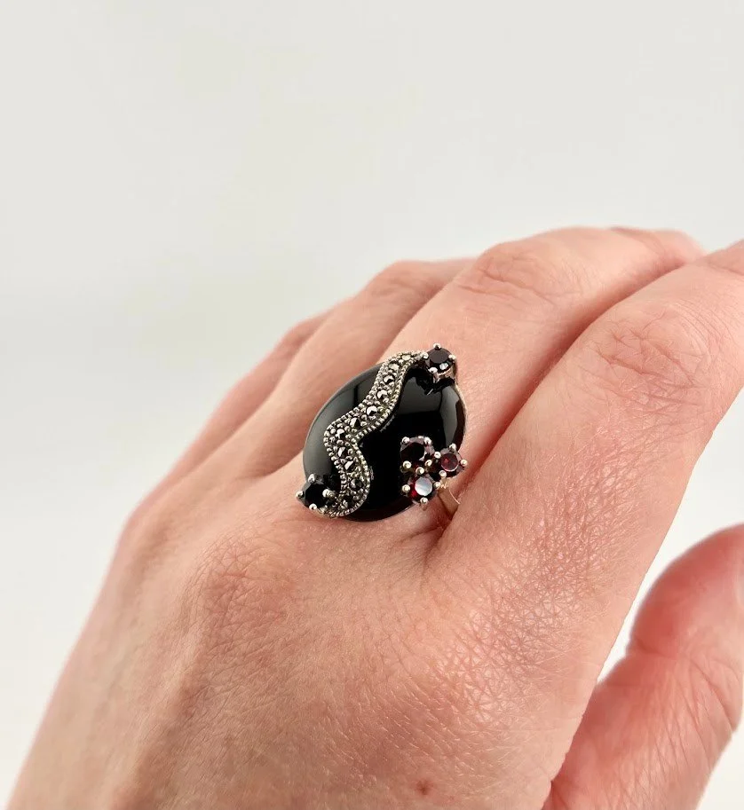 Vintage Onyx, Garnet, and Marcasite Statement Ring in Sterling Silver