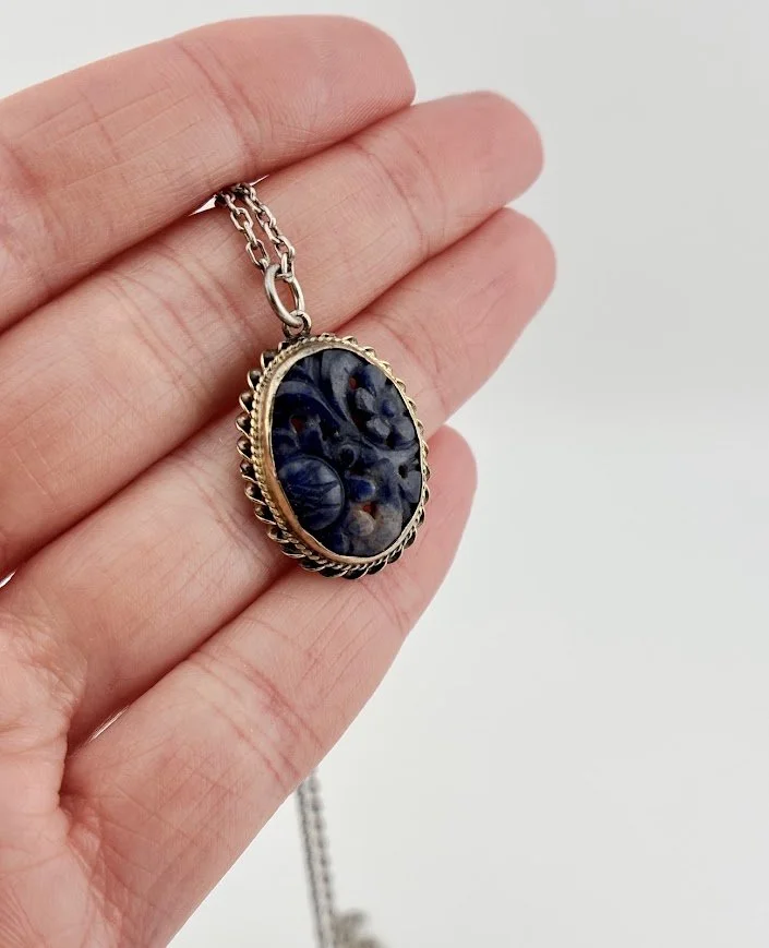 Vintage Carved Lapis Lazuli Floral Pendant Necklace in Sterling Silver & Gold Plate