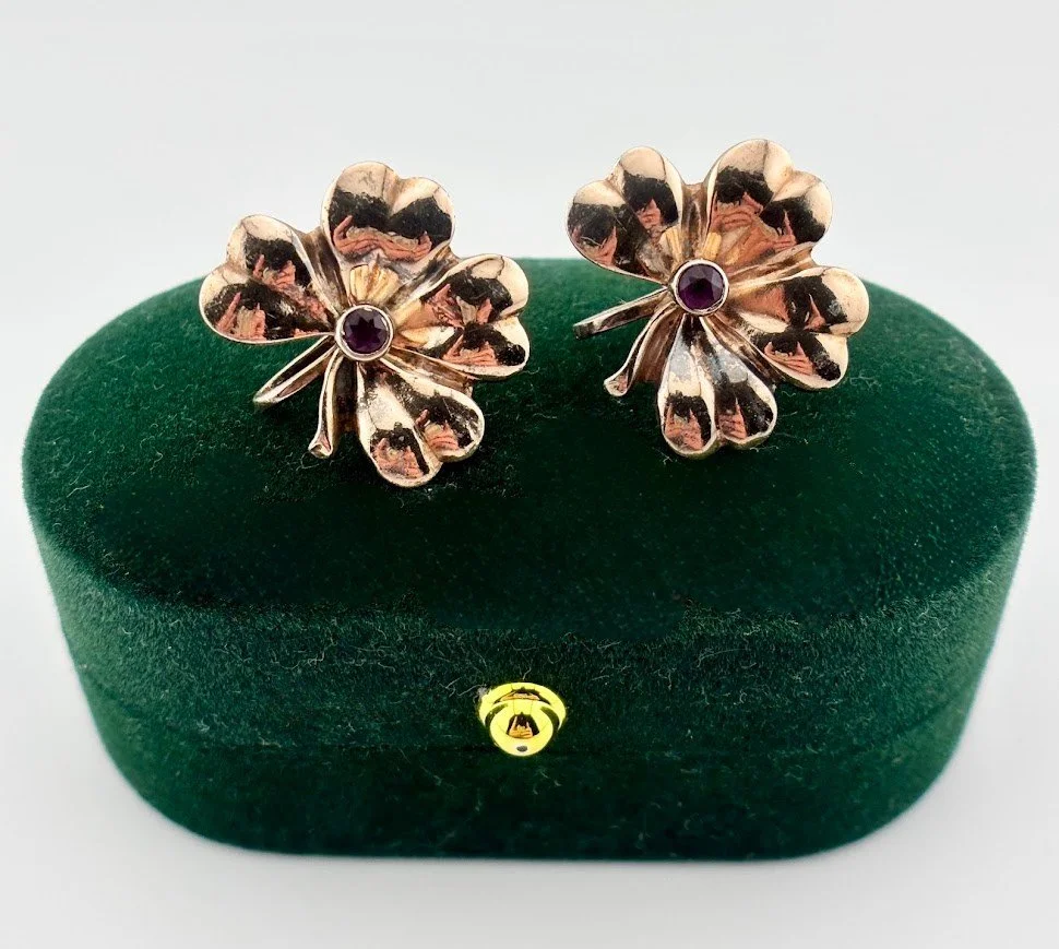 Vintage Shamrock Screw Back Earrings with Amethyst in Sterling Silver with a Gold Wash