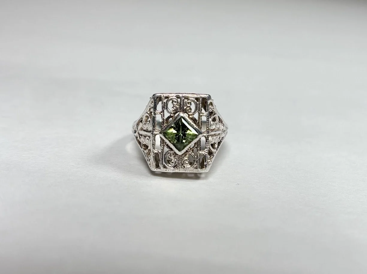 Late Art Deco Filigree Ring with Green Paste in Sterling Silver
