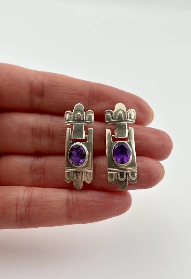 Vintage Amethyst Hinged Drop Earrings in Sterling Silver