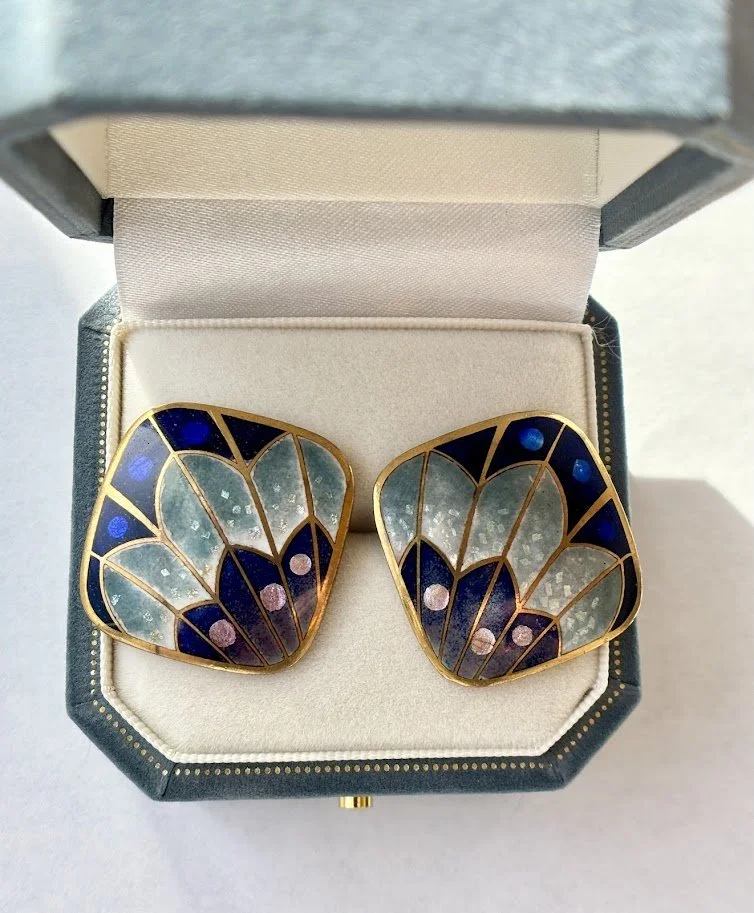 Late 20th Century Artist Signed Cloisonné Enamel Butterfly Wing Earrings