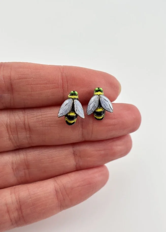 Vintage Enamel Bumble Bee Stud Earrings in Sterling Silver
