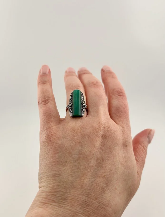 Vintage Chrysoprase and Marcasite Ring in Sterling Silver