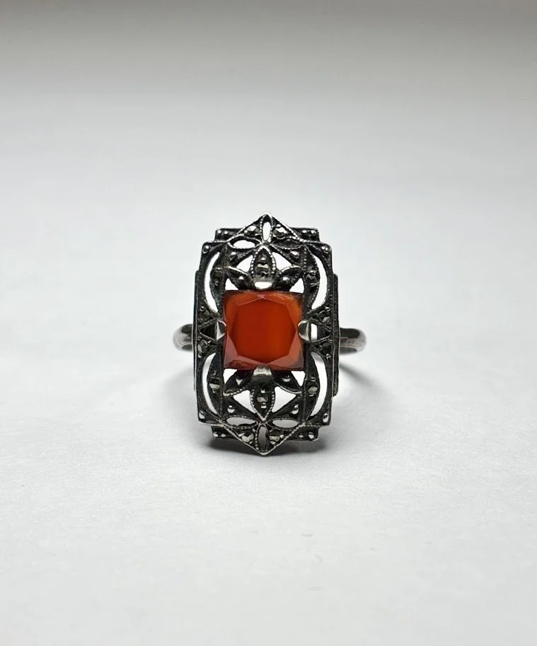 Art Deco Carnelian and Marcasite Ring in Sterling Silver
