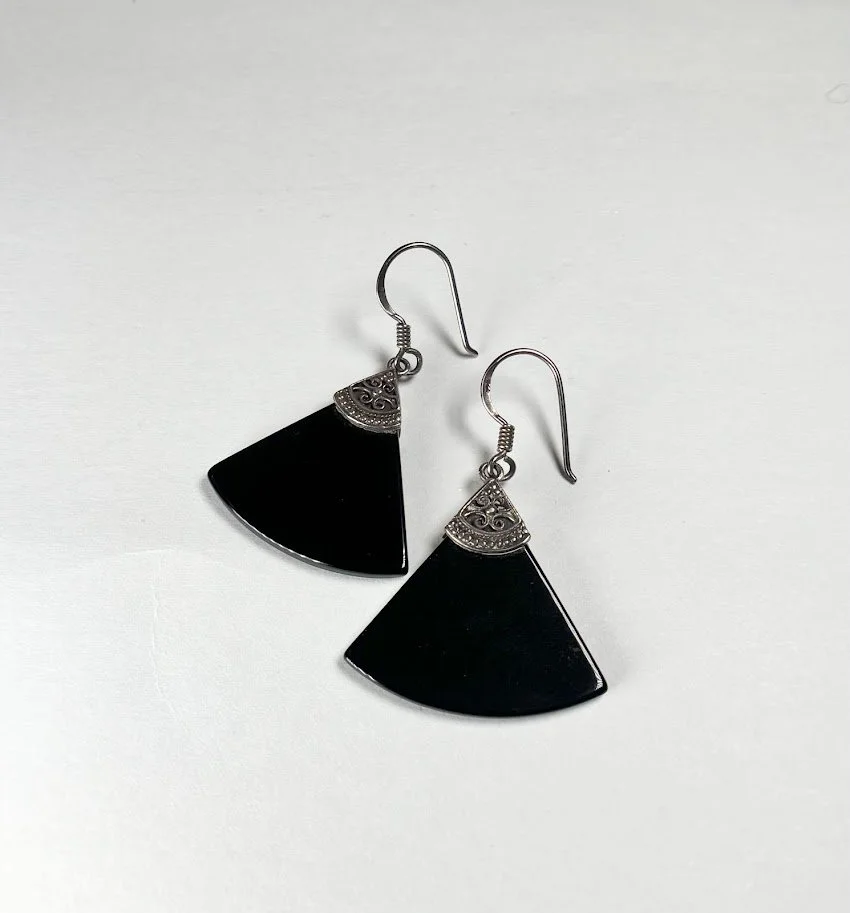 Vintage Black Onyx Fan Drop Earrings in Sterling Silver
