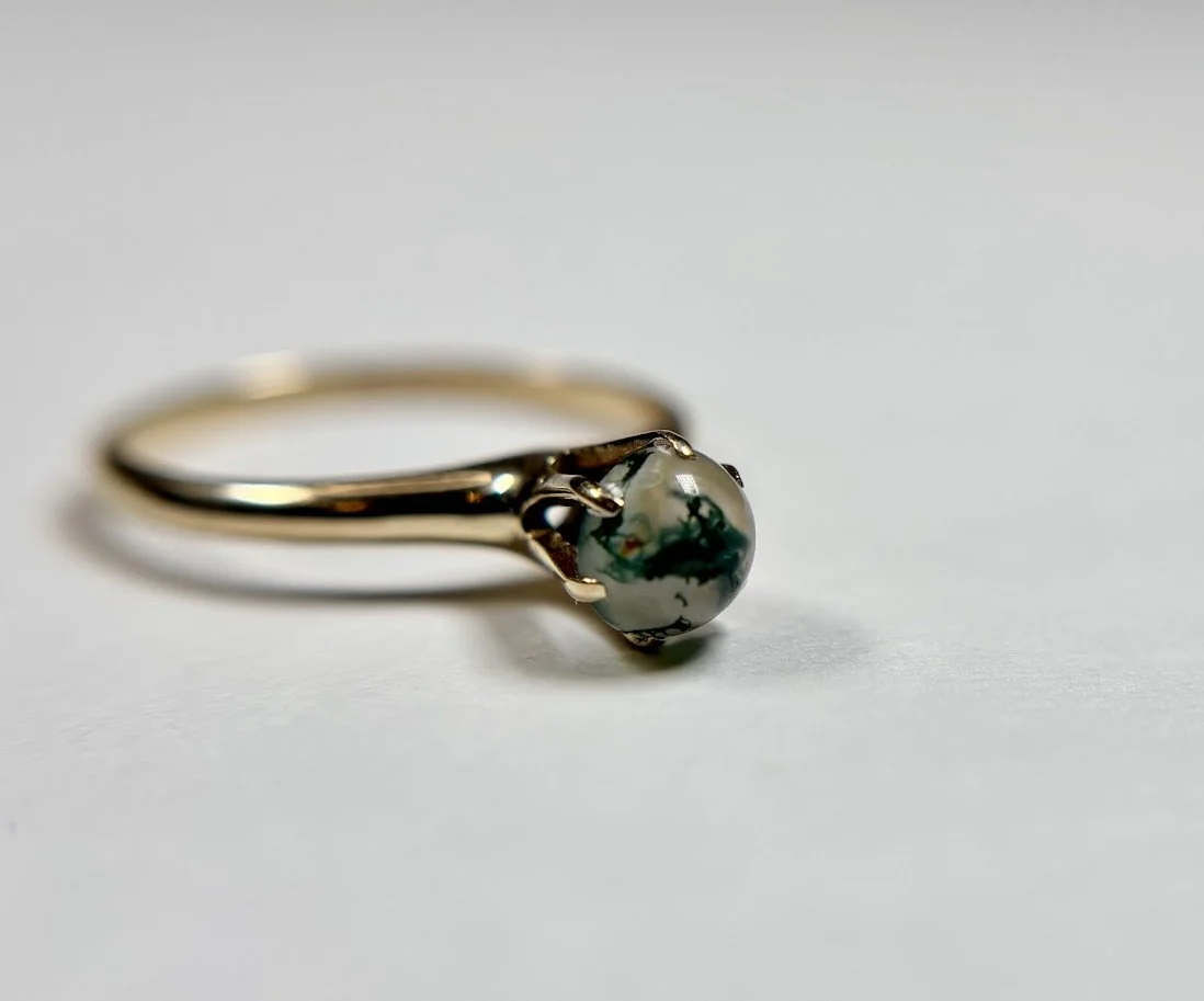 Mid-Century Moss Agate Ring in 14K Yellow Gold