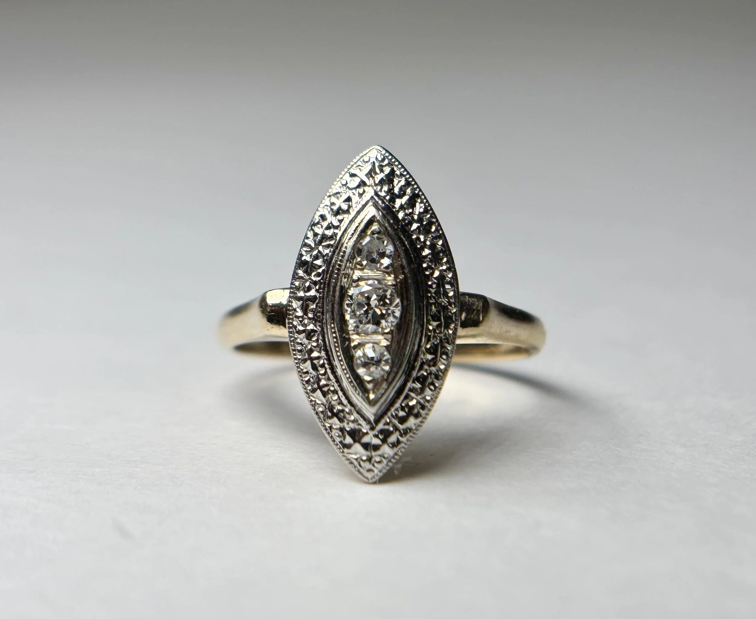 Late Art Deco Diamond Navette Ring in 14K Gold