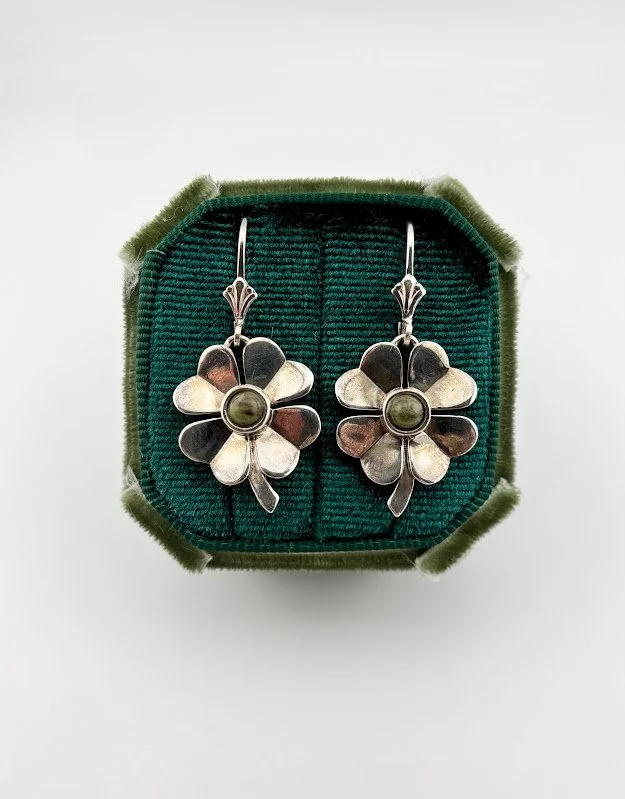 Vintage Irish Connemara Marble Shamrock Earrings in Sterling Silver