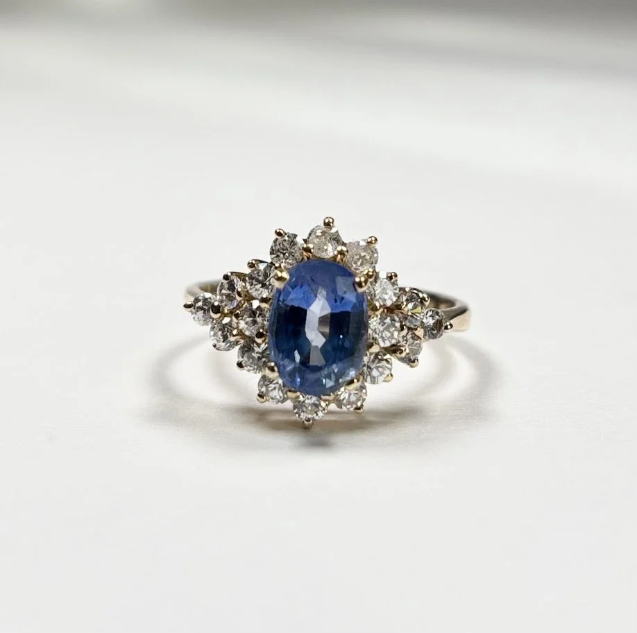 Vintage Synthetic Blue Sapphire with CZ Halo Ring in 10K Yellow Gold