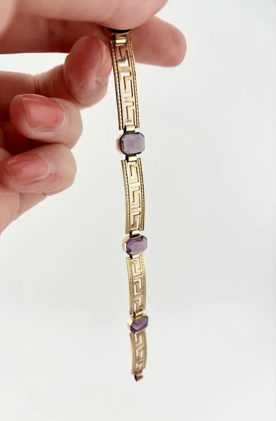 Victorian Amethyst Glass Greek Key Bracelet in Rolled Gold