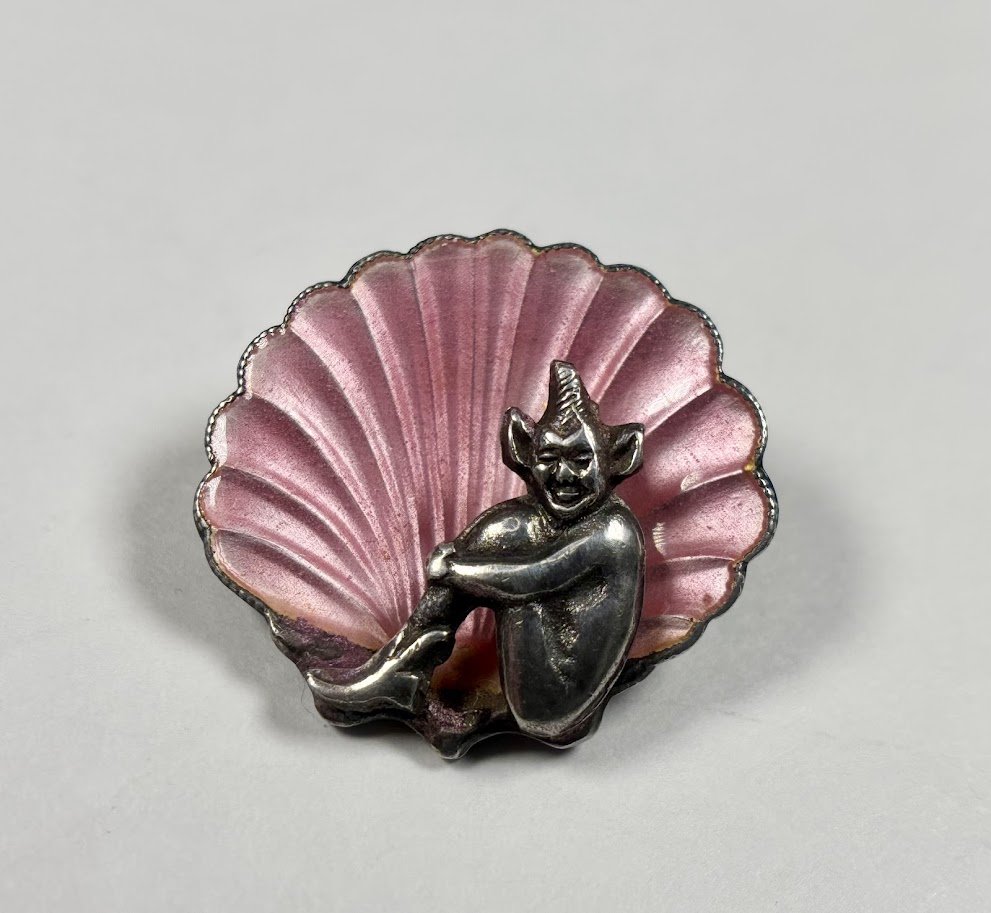 Mischievous English Enamel Pixie Brooch in Sterling Silver
