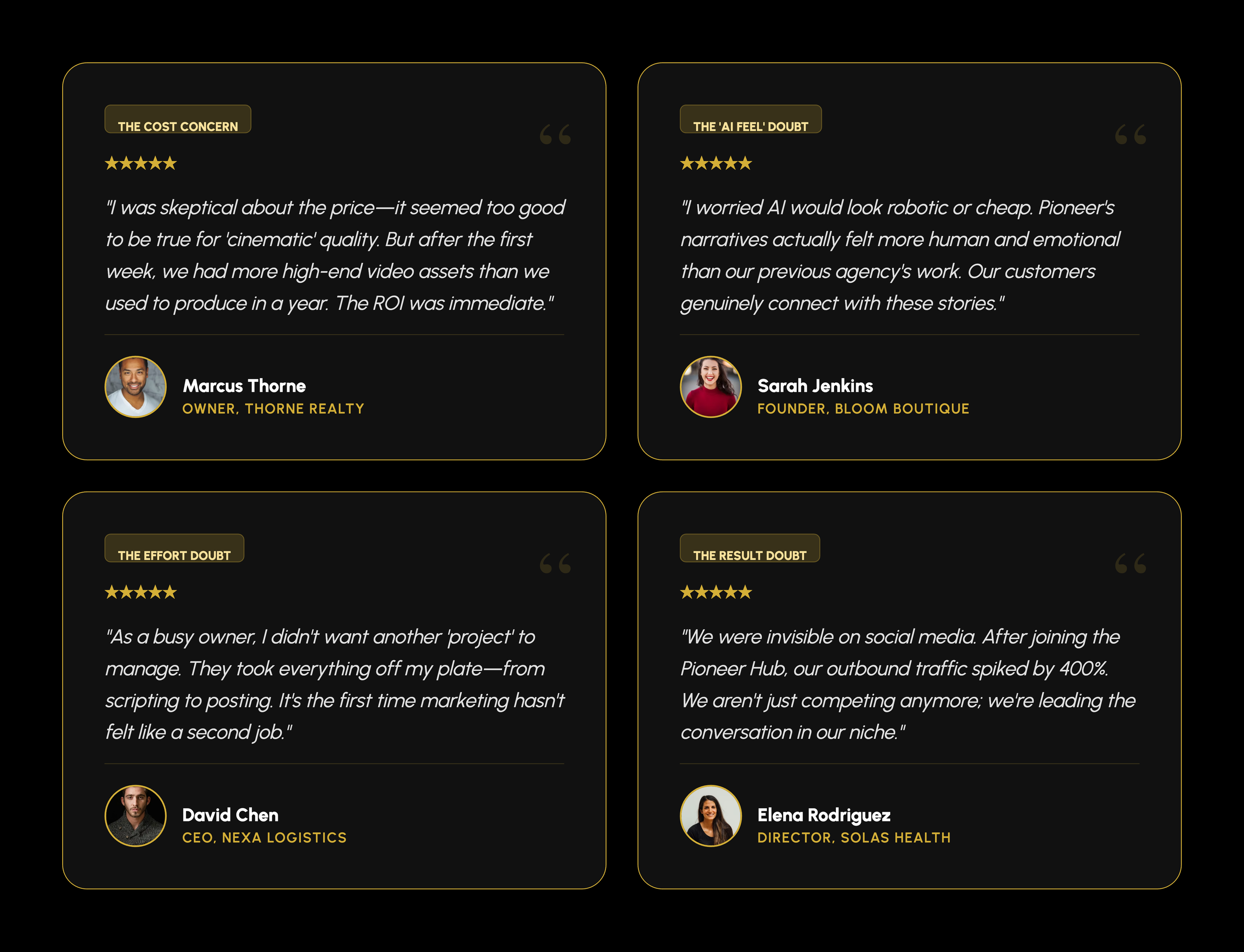Four testimonials in a grid layout, each with a quote, star ratings, and a profile picture with name and title. Top left: 'The Cost Concern' with a five-star rating, quote from Marcus Thorne, owner of Thorne Realty. Top right: 'The AI Feel Doubt' with a five-star rating, quote from Sarah Jenkins, founder of Bloom Boutique. Bottom left: 'The Effort Doubt' with a five-star rating, quote from David Chen, CEO of NEXA Logistics. Bottom right: 'The Result Doubt' with a five-star rating, quote from Elena Rodriguez, director of Solas Health.