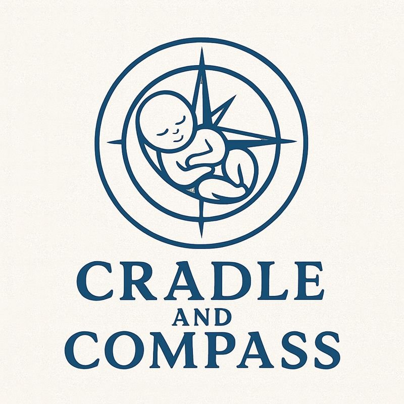 Illustration of a baby sleeping curled up inside a compass with the text "Cradle and Compass" below.