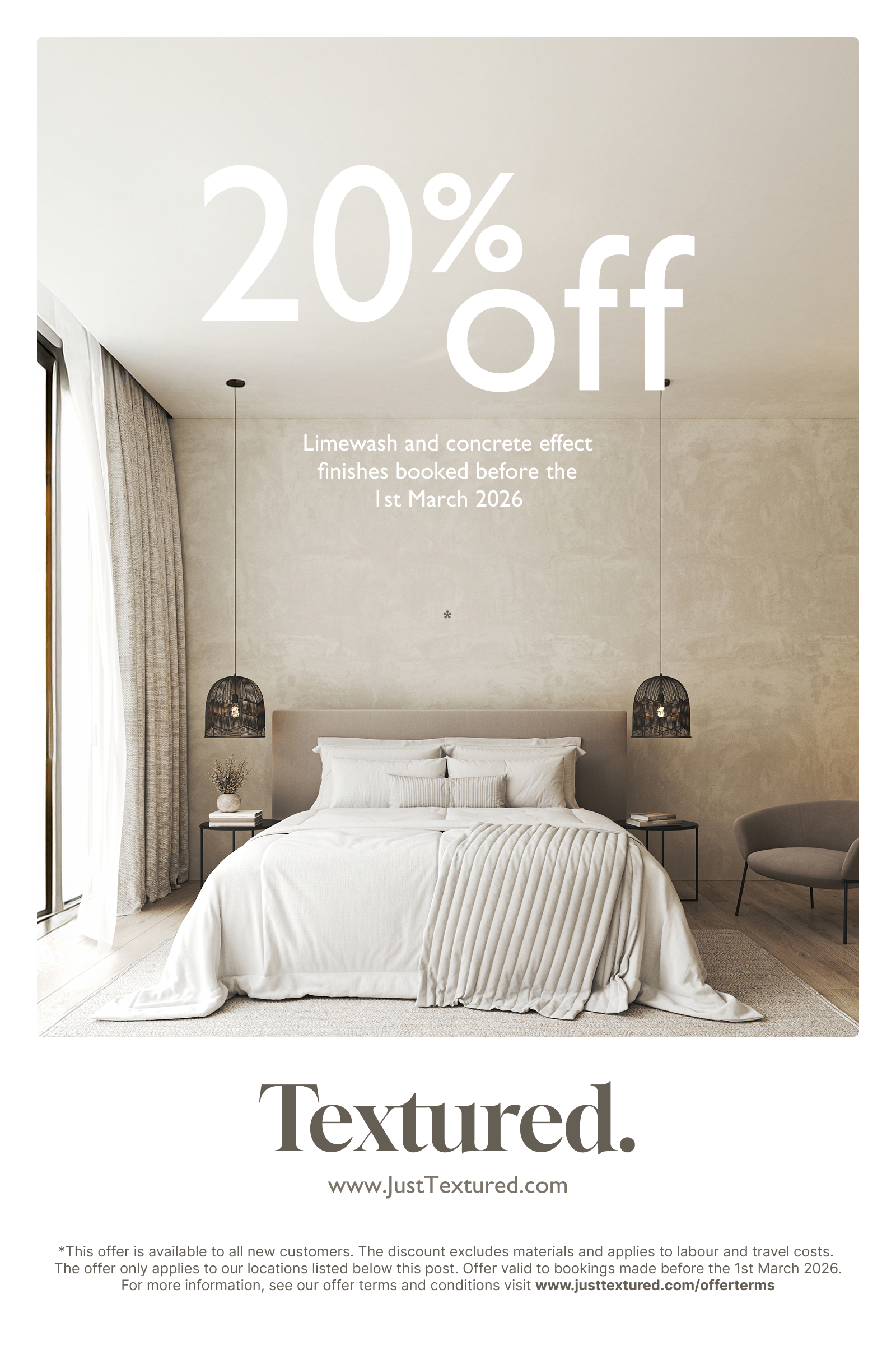 A bedroom with a bed covered in white linens, two hanging pendant lights, a nightstand with a vase of flowers, a chair, and beige curtains, with promotional text about a 20% discount for textured wall finishes.