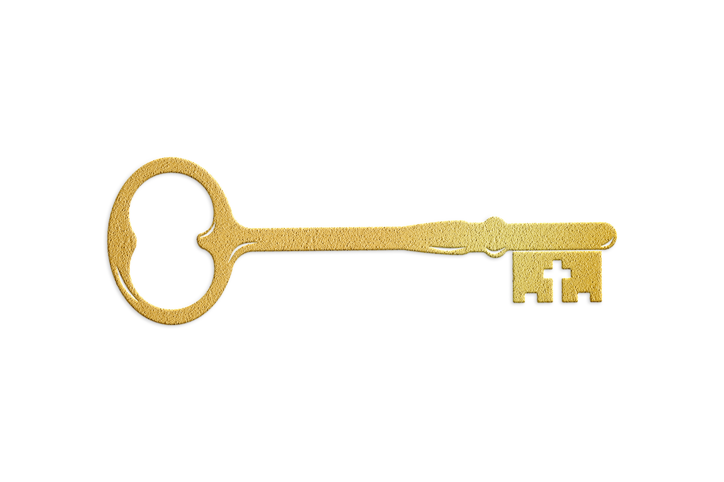 A gold-colored skeleton key with a round handle and a rectangular bit, lying horizontally on a white and black background.