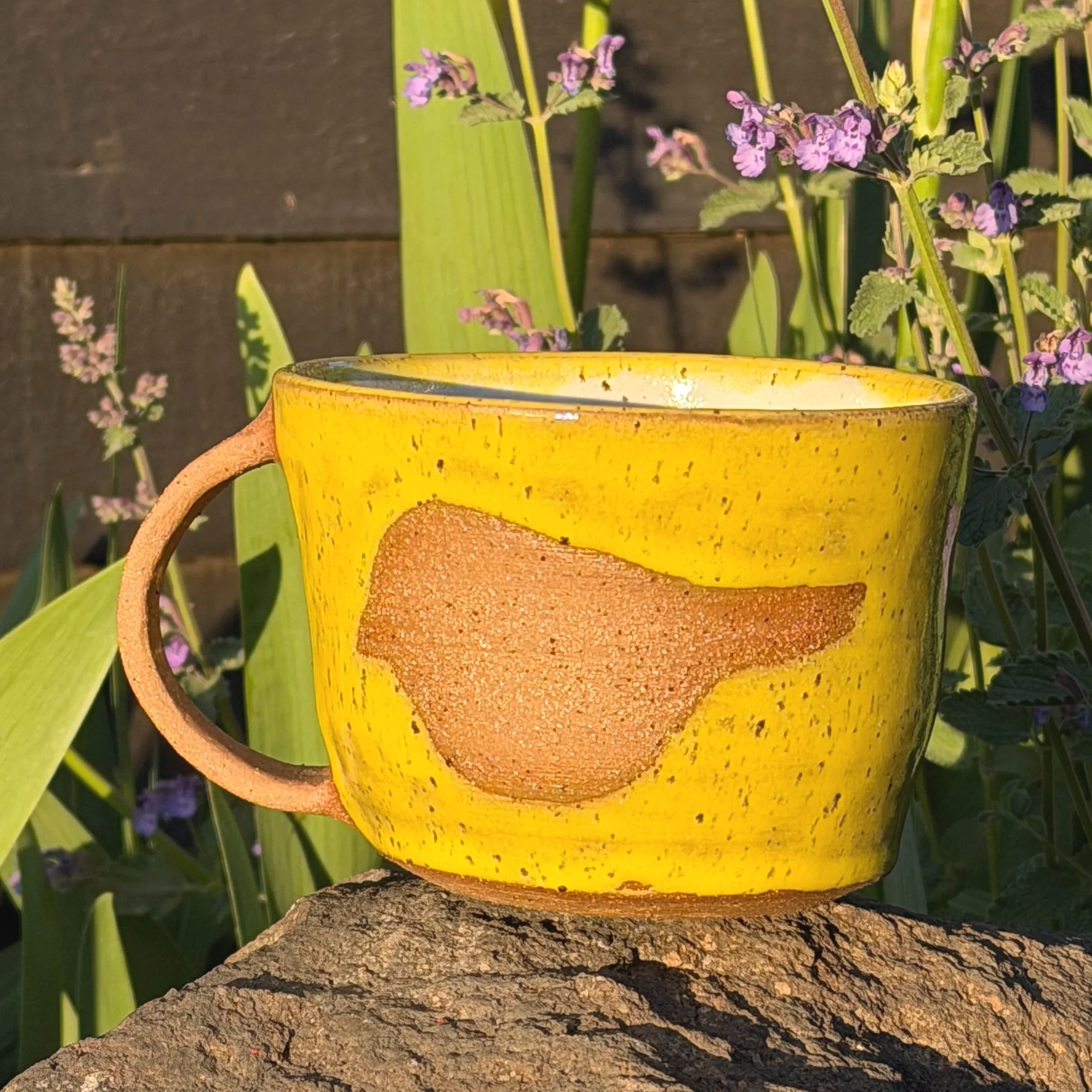 Handmade wheel thrown yellow glaze with sparrow on brown clay with speckles mug modern design stoneware gift