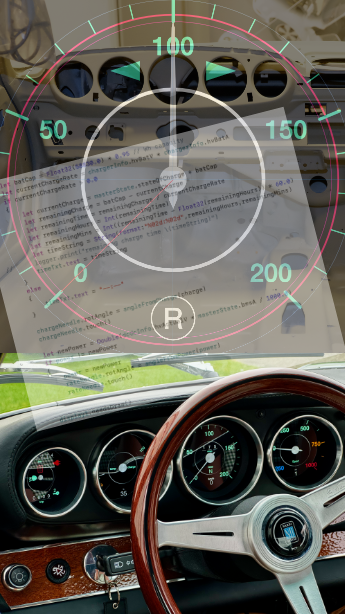 Overlays of examples of Tuulip LLC designed graphics, Swift source code and a finished dashboard of a rebuilt Porsche 911 EV running the resulting system.