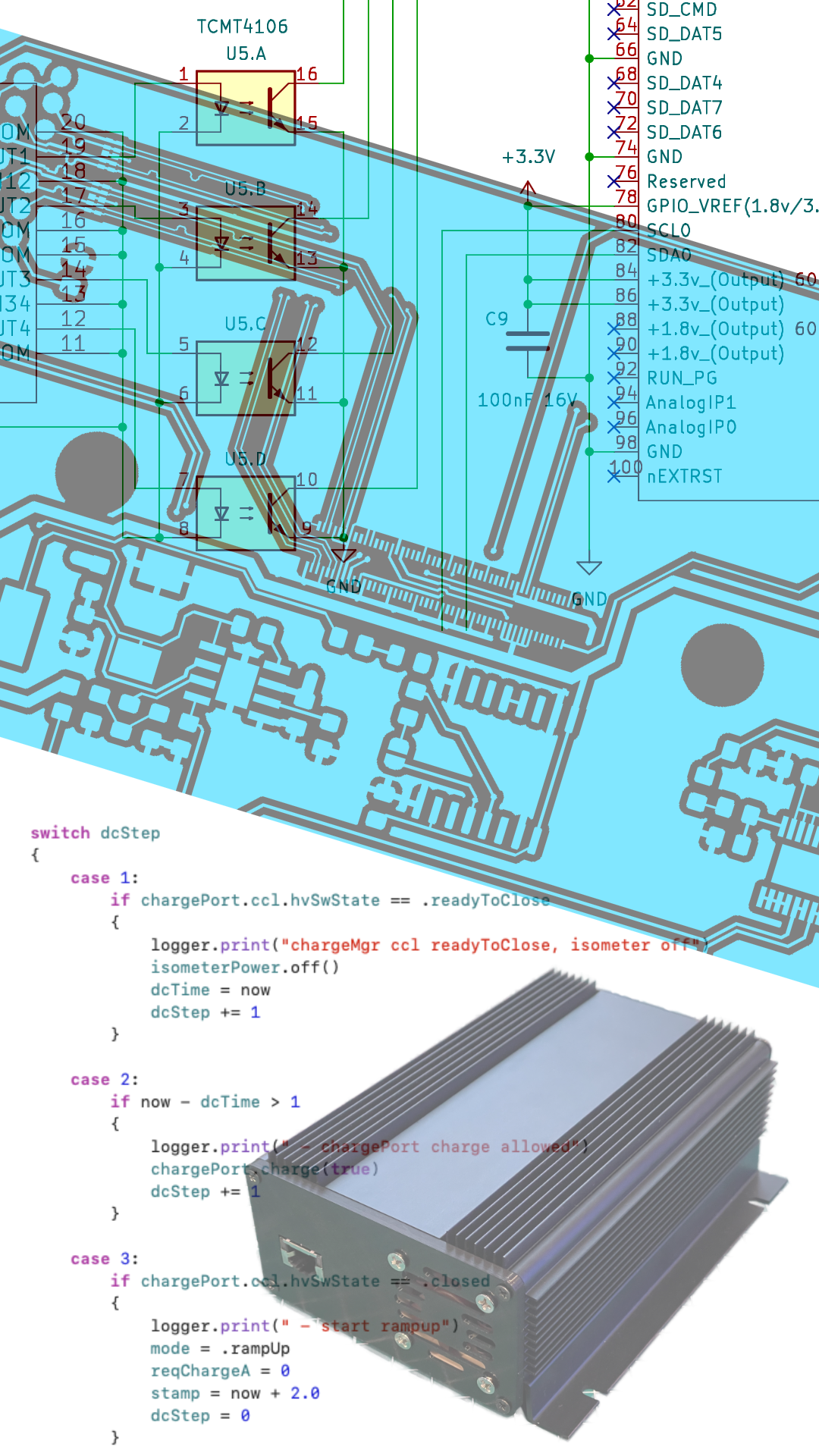 Close-up view of Tuulip LLC designed printed circuit board (PCB), some Swift source code and a finished automotive climate controller for EVs.