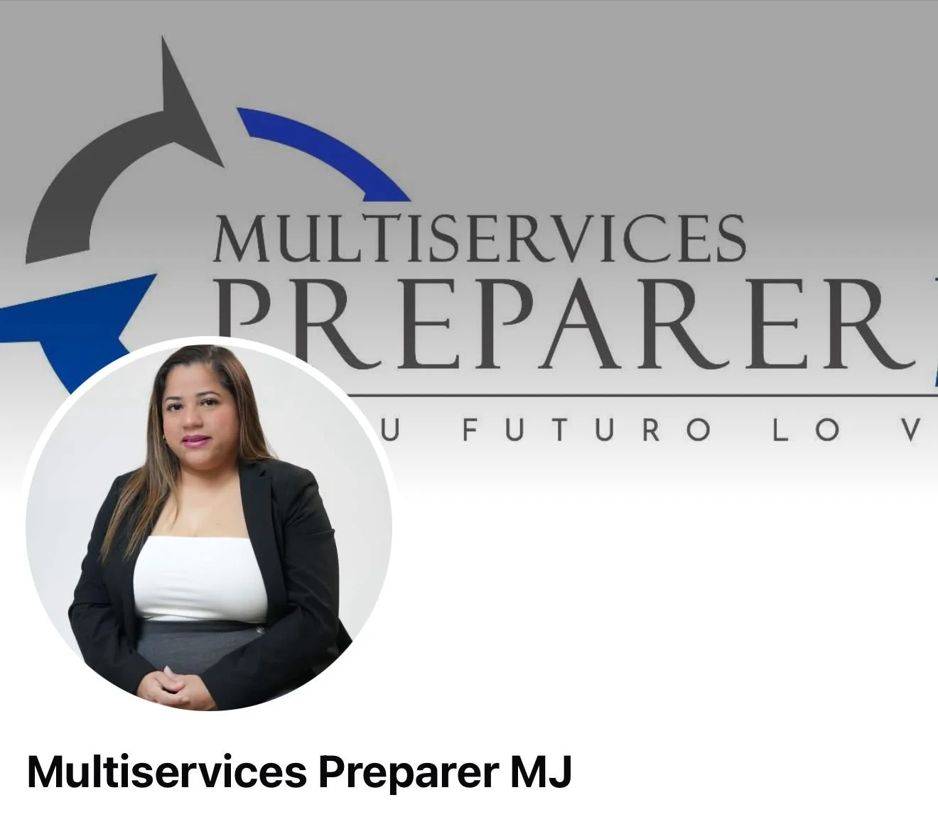 A woman with long hair wearing a black blazer and white top, posing with her hands clasped in front of her, in front of a logo that reads "Multiservices Preparer" with an arrow design. The background is gray and white with modern graphics.