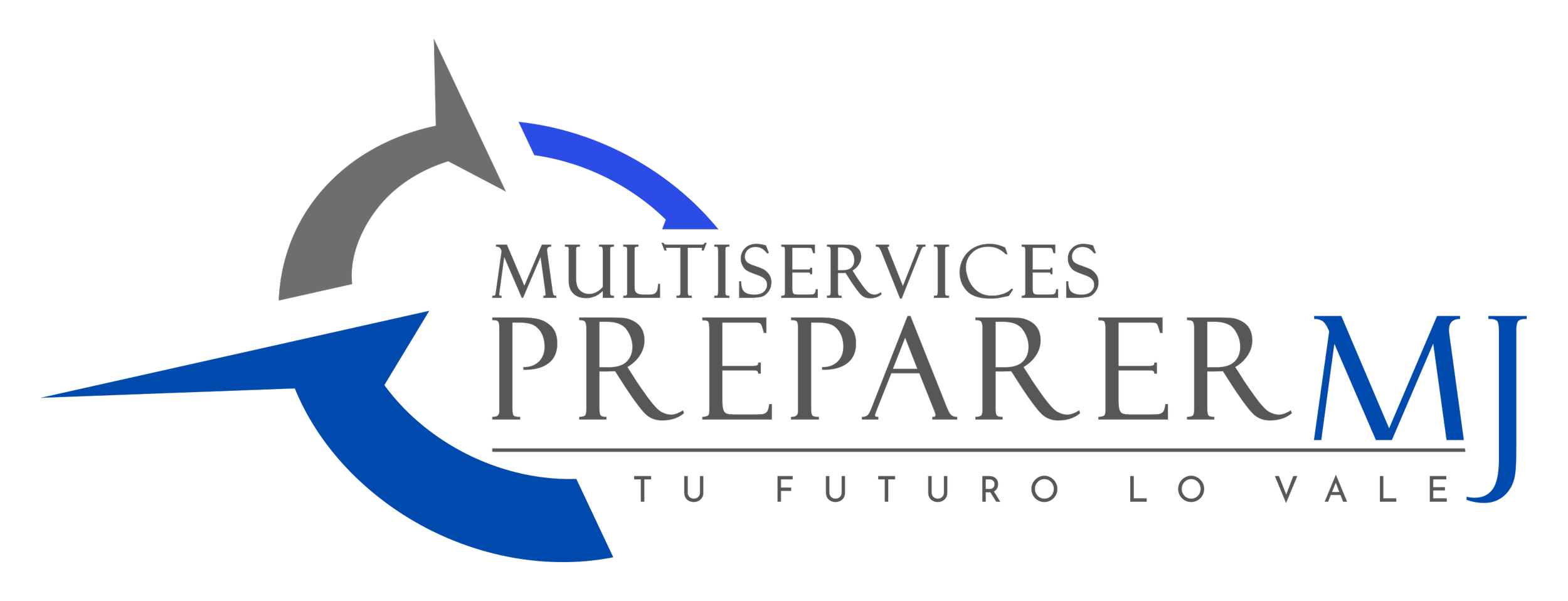 Logo for Multiservices Preparer MI with a black background, featuring a stylized blue and gray circular arrow design, the company name in black and blue text, and the tagline in Spanish, 'Tu futuro lo vale'.