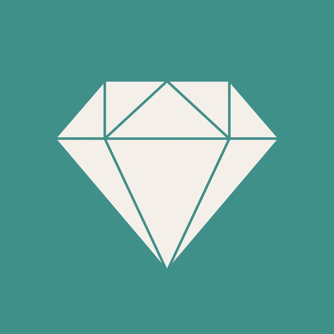Minimalist illustration of a diamond outlined in white on a teal background.