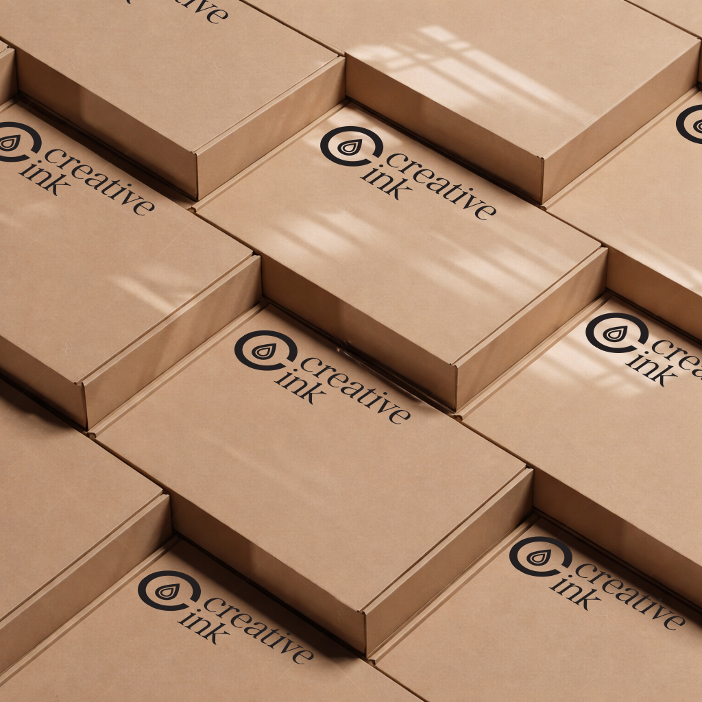 Multiple cardboard boxes with the logo '@creative ink' printed on the top side, arranged in a grid pattern.