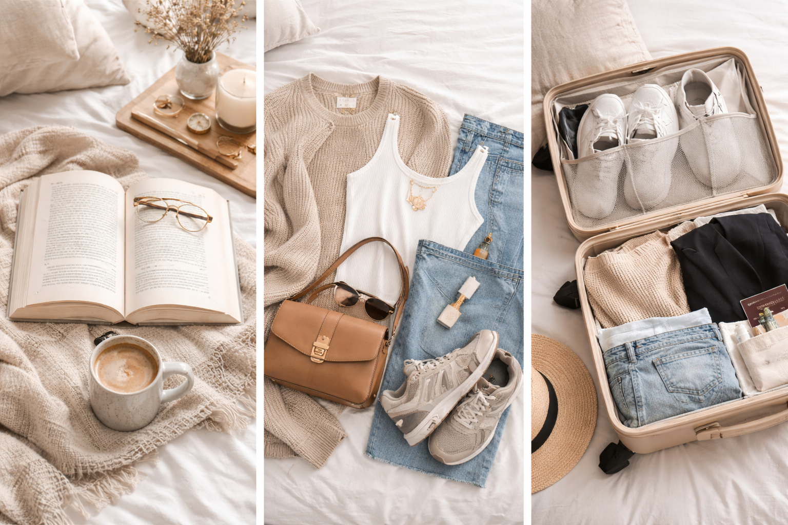 A collage of three images showing a relaxing morning routine. The first image has an open book, a pair of glasses, a mug of coffee, and candles on a bed with beige blankets. The second image shows styled clothing including a beige sweater, white tank top, jeans, sneakers, sunglasses, a purse, and some jewelry laid out on a bed. The third image shows an open suitcase with neatly packed clothes, shoes, lotion, and other travel essentials.
