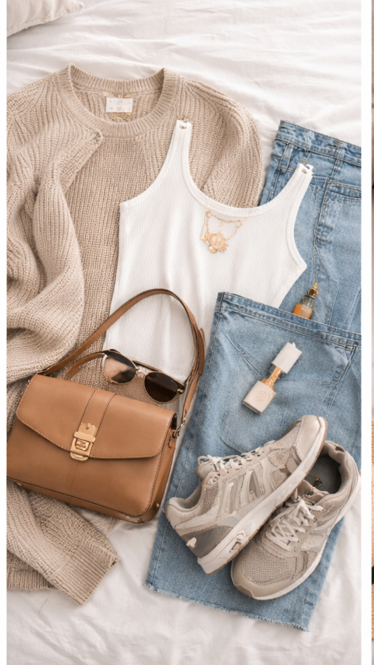 Flat lay of casual clothing and accessories including a beige knit sweater, white tank top, light blue jeans, beige sneakers, brown handbag, sunglasses, necklace, and small bottles of perfume or essential oil on a white bedsheet.