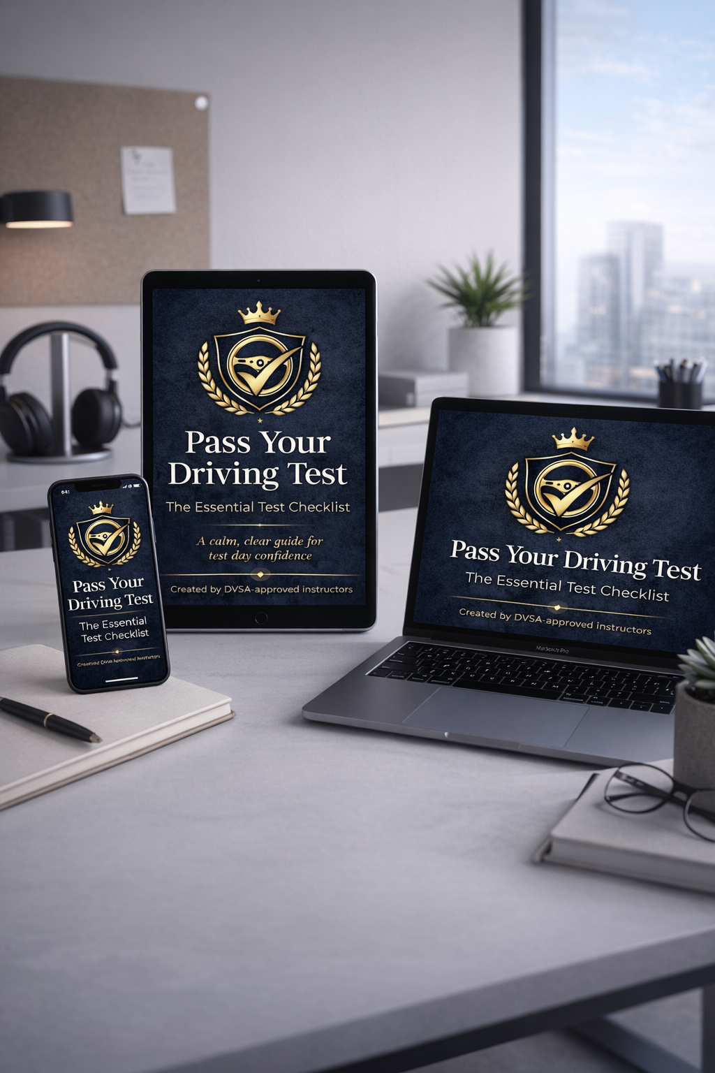 Digital devices displaying a driving test checklist, including a smartphone, tablet, and laptop, on a desk with office supplies in the background.