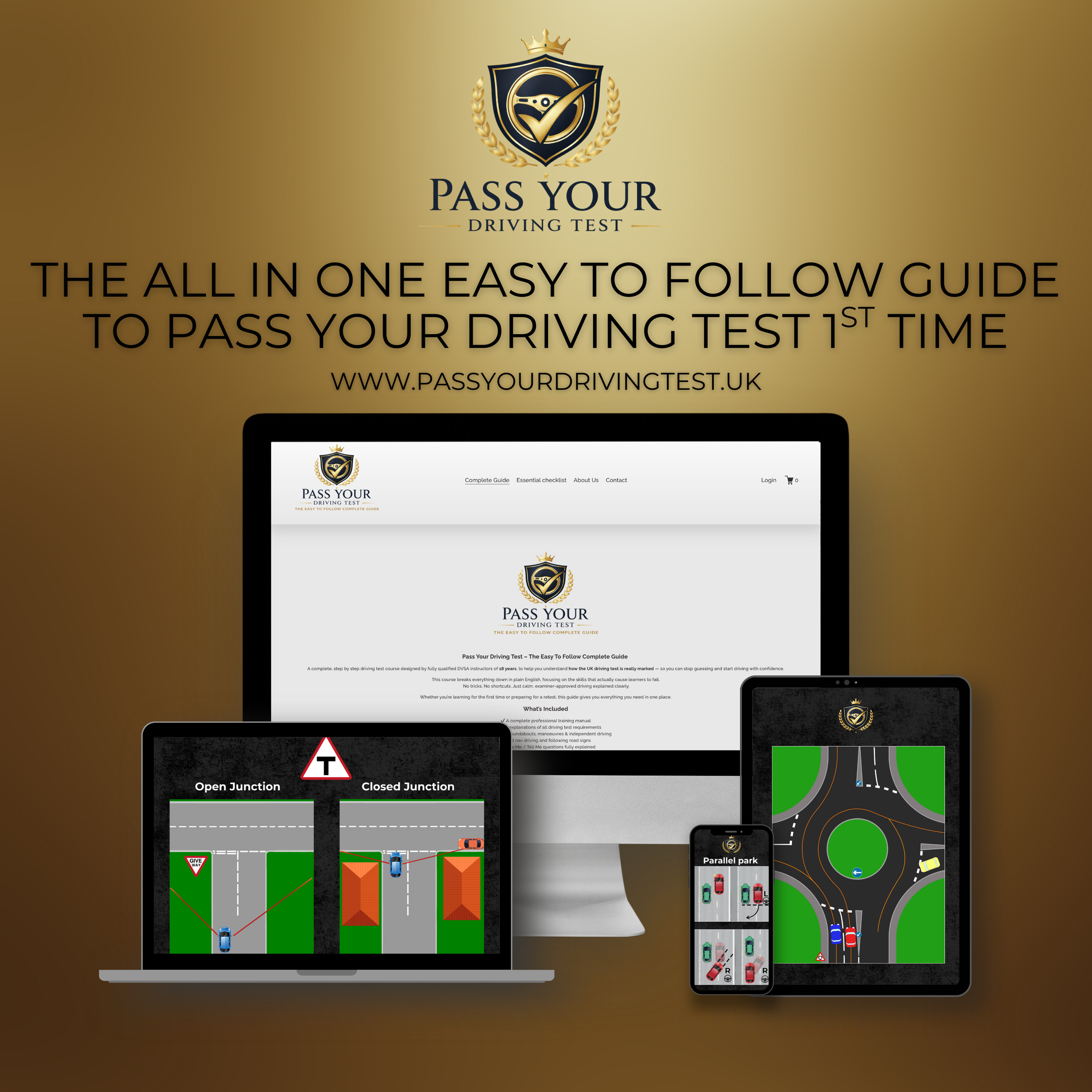 Image of a promotion for Passing Your Driving Test, featuring a website on various electronic devices showcasing driving test guides and practice modules, against a gold background.