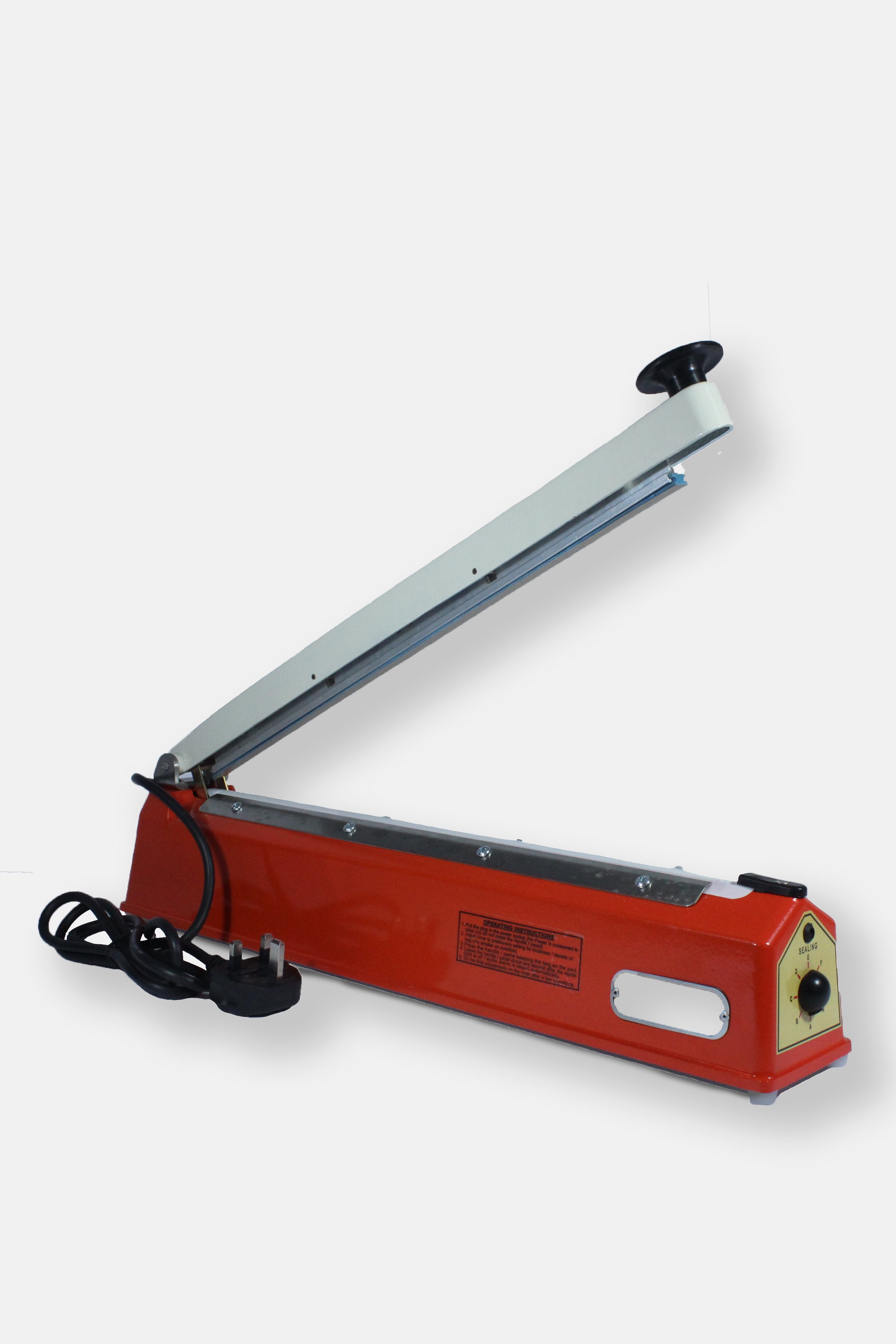 A red industrial impulse sealer with a black power cord and a black handle, used for sealing plastic bags.