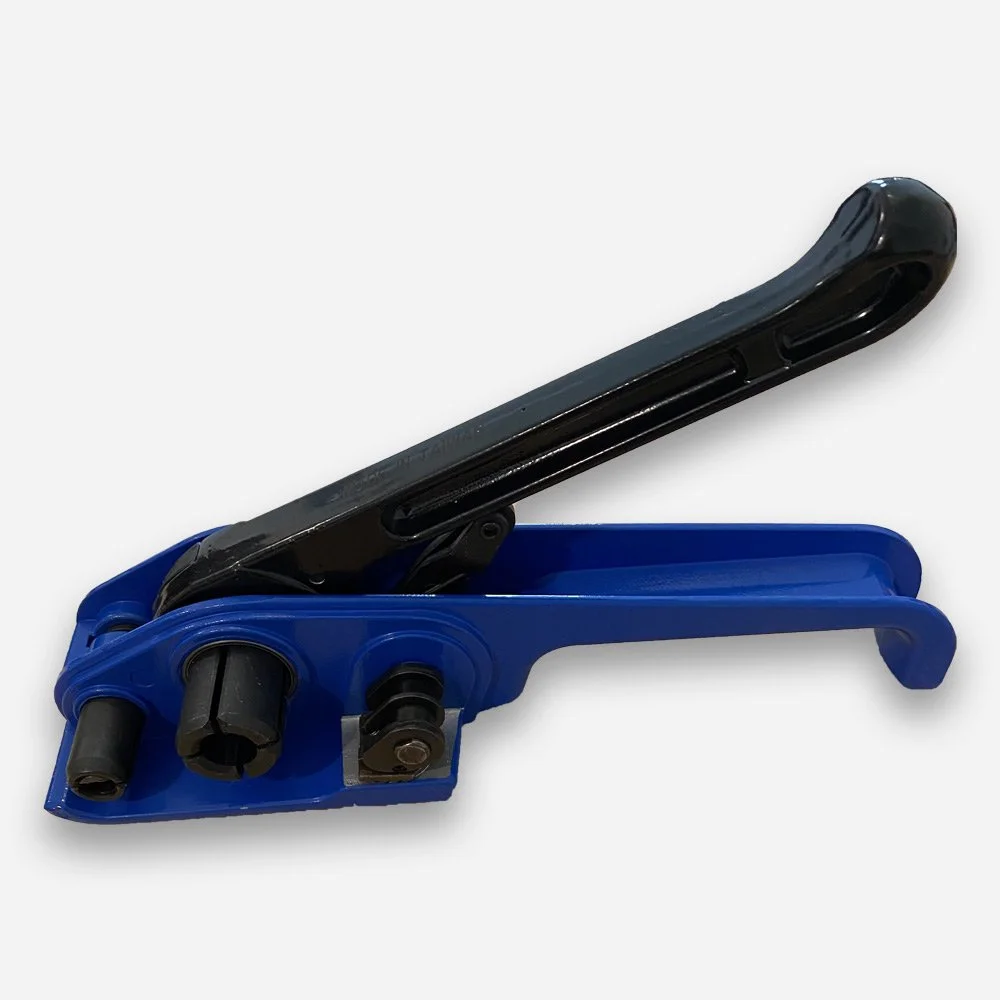 A blue and black strap tensioning tool to tighten straps on pallets