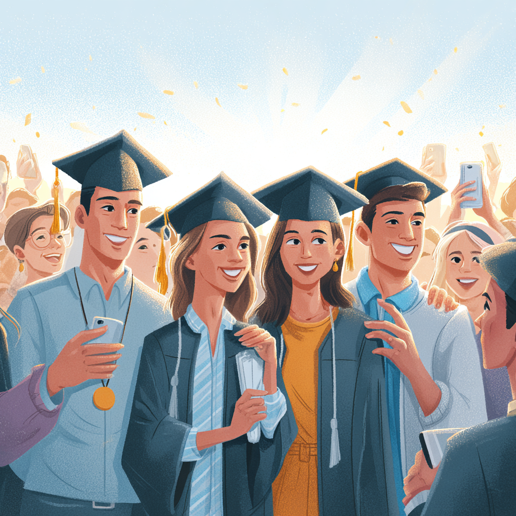 Group of diverse graduates in caps and gowns celebrating at graduation ceremony