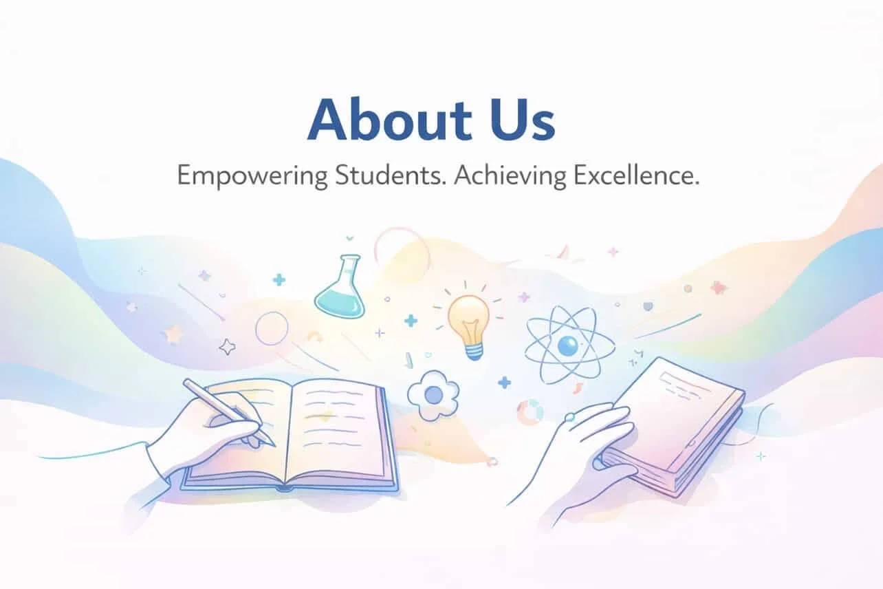 An educational illustration with open book and note-taking, science icons, and a light bulb, under the heading 'About Us' with the tagline 'Empowering Students. Achieving Excellence.'