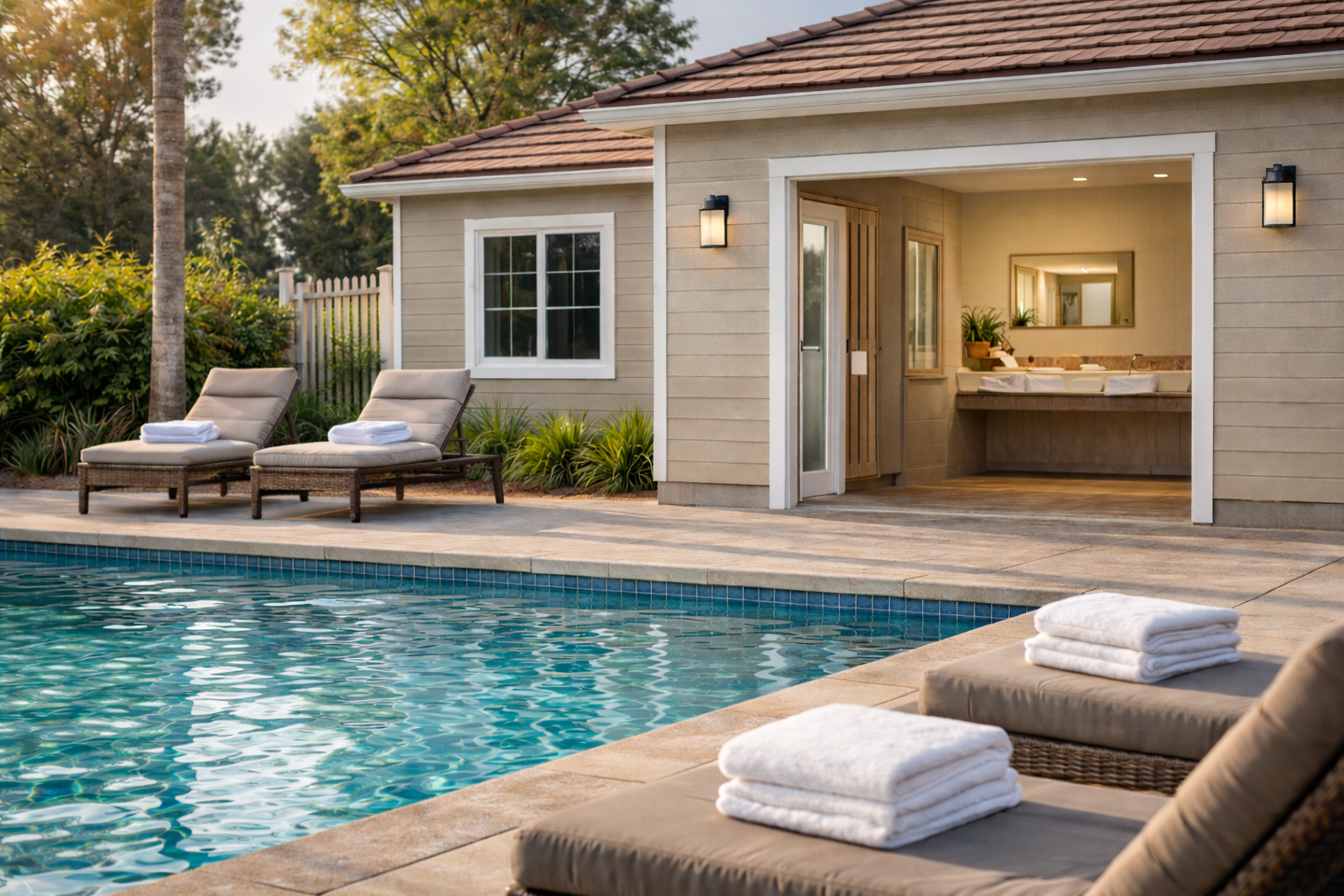 An outdoor swimming pool with lounge chairs and towels, adjacent to a house with a visible bathroom area and greenery in the background.