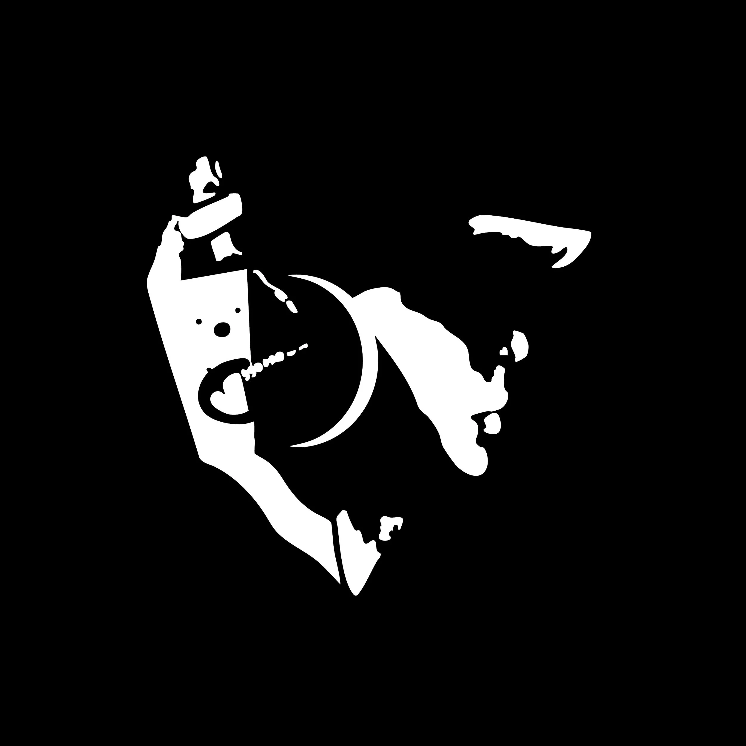Black and white silhouette of a woman in a bikini, with one arm raised, and an arm extended outwards, against a black background.