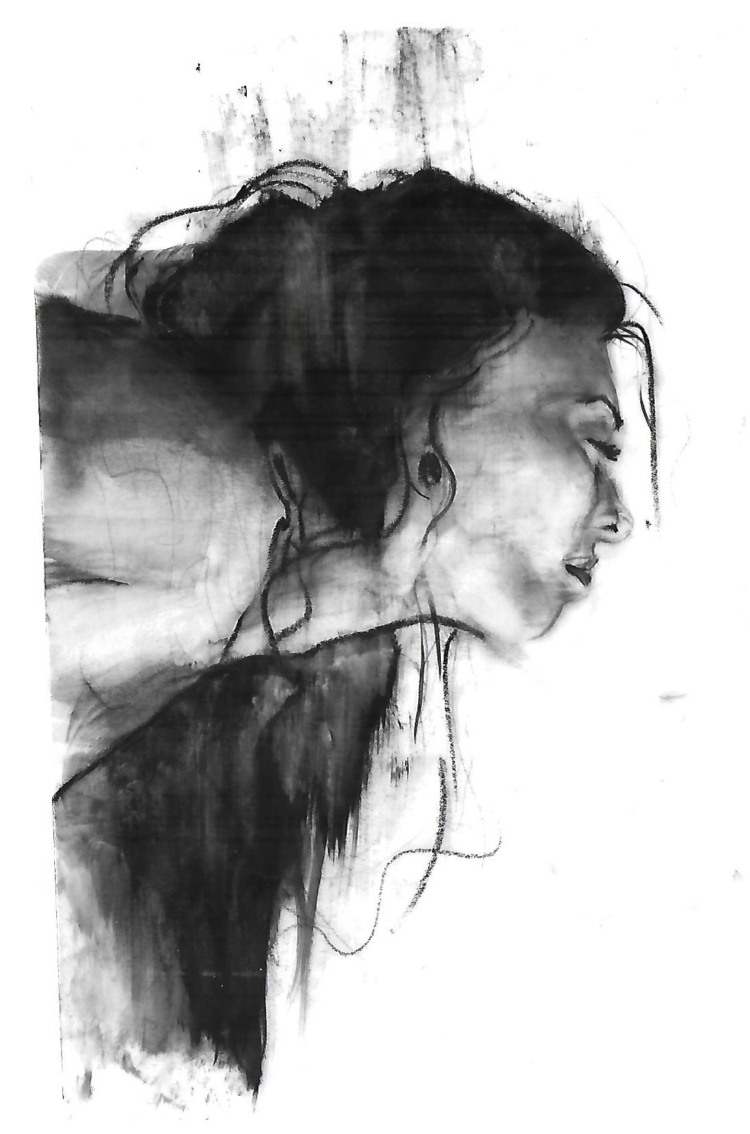 A black and white artistic sketch of a woman with closed eyes and long hair, seen in profile.