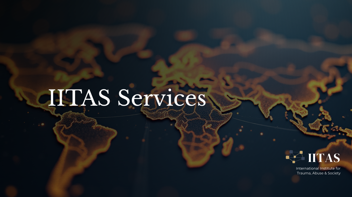 Dark world map with orange glowing outlines of continents, overlaid with white text 'IITAS Services' and the IITAS logo and name, indicating international trauma, abuse, and society services.