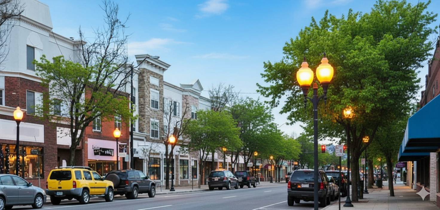 Historic downtown Littleton Colorado with shops, trees, and string lights along Main Street
