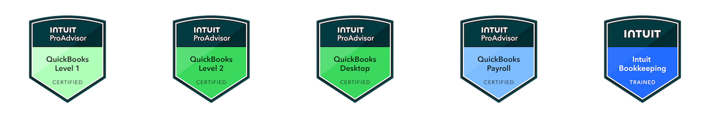 Intuit QuickBooks ProAdvisor certifications held by Sabrina Fonville: QuickBooks Level 1, Level 2, Desktop, Payroll, and Intuit Bookkeeping.